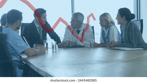Image of red line and financial data processing over diverse business people in office. Global business, finances, computing and data processing concept digitally generated image.