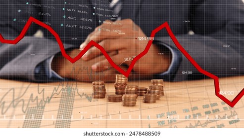 Image of red line and financial data processing over biracial businessman counting coins. Global business, finances, computing and data processing concept digitally generated image. - Powered by Shutterstock