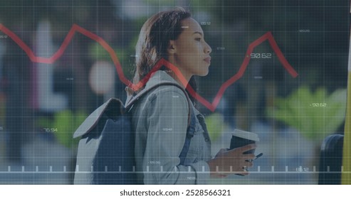 Image of red line financial data processing over asian woman on smartphone. Global computing, digital interface and data processing concept digitally generated image.