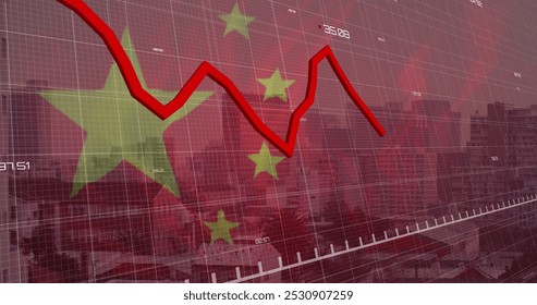 Image of red line, financial data processing, flag of china over cityscape. Global business, finance, data processing and global economy concept digitally generated image.
