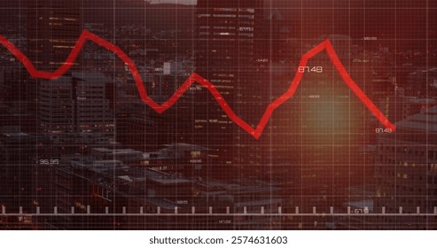 Image of red line and financial data processing over dark background. Global finance, business, connections, computing and data processing concept digitally generated image.