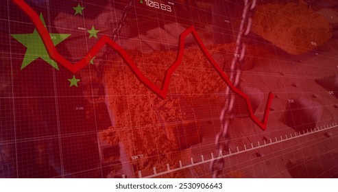 Image of red line, flag of china and financial data processing over factory. Global business, finance, data processing and digital interface concept digitally generated image.