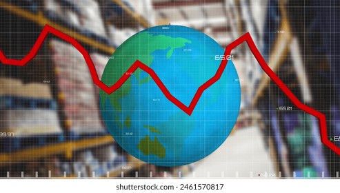 Image of red line processing with globe over warehouse. global shipping, digital interface, technology and networking concept digitally generated image. - Powered by Shutterstock