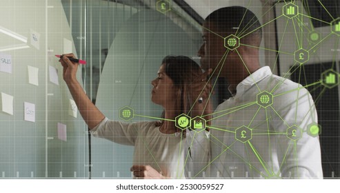 Image of red line processing over network of connections and business people in office. business and data processing concept digitally generated image.