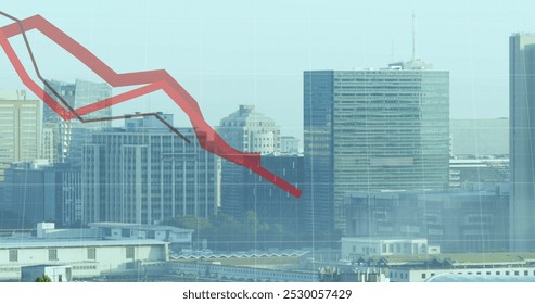 Image of red lines and financial data processing over buildings. Global finance, business, connections, computing and data processing concept digitally generated image.