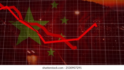 Image of red lines, financial data processing, flag of china over cityscape. Global business, finance, data processing and global economy concept digitally generated image.