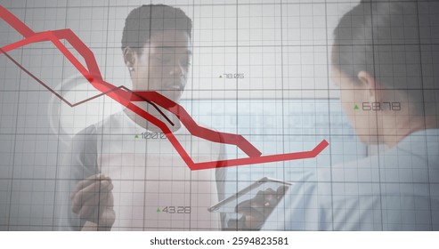 Image of red lines and financial data processing over diverse business people in office. Global finance, business, connections, computing and data processing concept digitally generated image.