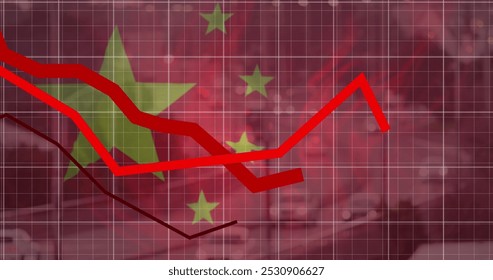 Image of red lines, flag of china and financial data processing over cityscape. Global business, finance, data processing and digital interface concept digitally generated image.