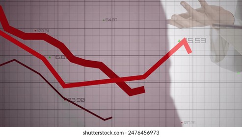 Image of red lines over grid and data processing. global finances, business and data processing concept digitally generated image.