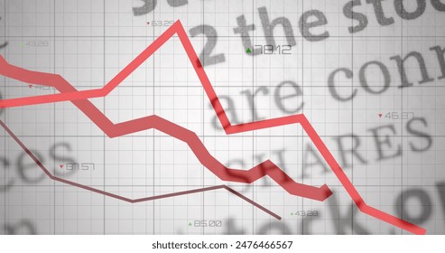 Image of red lines over grid and data processing. global finances, business and data processing concept digitally generated image.