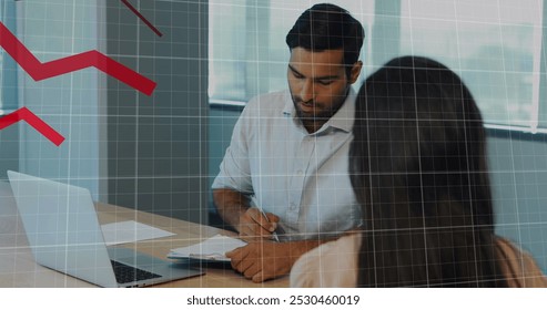 Image of red lines, statistics and data processing over business people. Global business, finance and data processing concept digitally generated image.