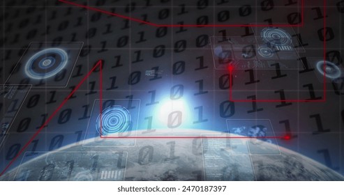 Image of red moving dots forming lines with binary code, circles and glare over globe. Digitally generated, hologram, globalization, geometric shape, coding, infographic, report and technology.