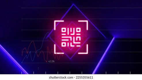 Image of red neon qr code, blue lights and data processing on black background. Global communication, business, data and digital interface concept digitally generated image.