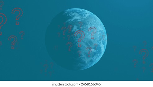 Image of red question marks flying over blue globe on blue background. global networking, technology and digital interface concept digitally generated image.