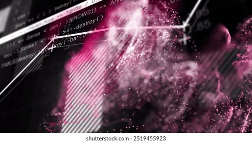Image of red spots over data processing on black background. Pattern, technology and digital interface concept digitally generated image.