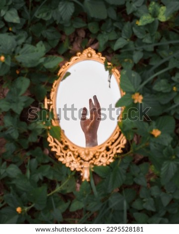 Image representing the connection between oneself and nature through a golden mirror on a green background with yellow leaves and flowers.