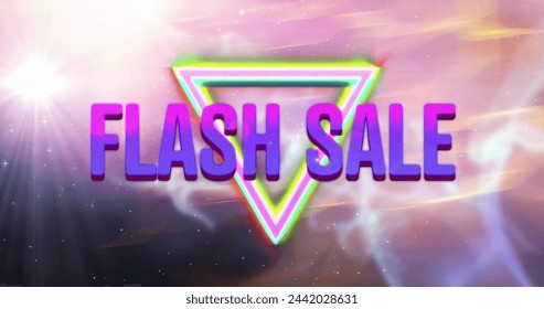 Image of retro flash sale text with glowing neon triangles and pink light trails in background. vintage retail, savings and shopping concept digitally generated image. - Powered by Shutterstock