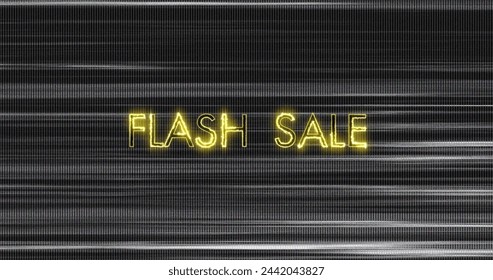 Image of retro flash sale text in neon yellow on flickering lines on grey background. vintage retail, savings and shopping concept digitally generated image. - Powered by Shutterstock