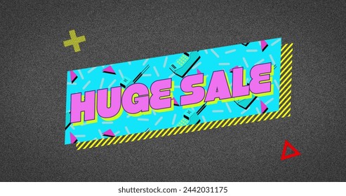 Image of retro huge sale text on blue banner with geometric shapes on grey background. vintage retail, savings and shopping concept digitally generated image. - Powered by Shutterstock