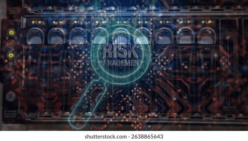 Image of risk management text over reading glass and server room. Global business and digital interface concept digitally generated image.