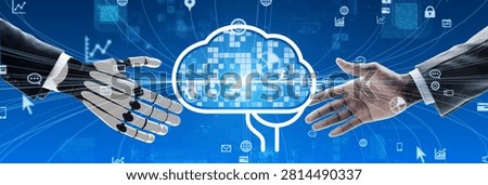 Image of a robot and AI shaking hands with a person. Business, artificial intelligence, cooperation, coexistence, intellect, DX, dialogue, technology.