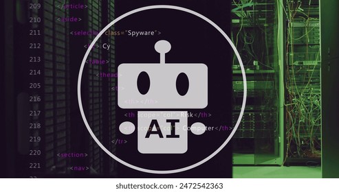 Image of robot and ai text in circles and computer language, data server systems in server room. Digital composite, coding, programming language, artificial intelligence, data center, futuristic.