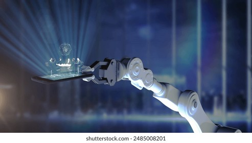 Image of robotic arm with tablet and data processing over cityscape. Global science and digital interface concept digitally generated image.