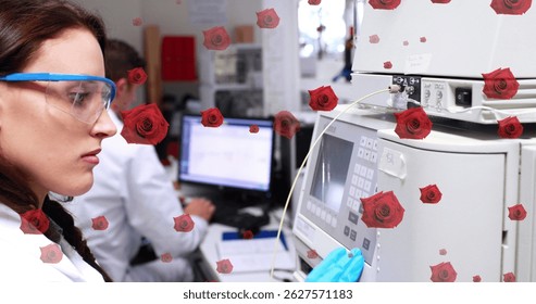 Image of roses over caucasian female scientist using computer equipment. Global medicine, science, research and digital interface concept digitally generated image.