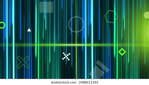 Image of rotating 3d shapes and green scanner beams over blue lights trails on black background. Connection, data, processing, digital interface and communication, digitally generated image. - Powered by Shutterstock