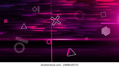 Image of rotating 3d shapes and pink scanner beams over pink and red light trails on black. Connection, data, processing, digital interface and communication, digitally generated image.