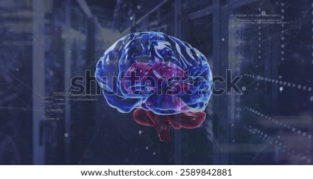 Image of rotating brain over network and processing data on dark background. Data, science, healthcare, digital interface, connection, research and communication, digitally generated image.