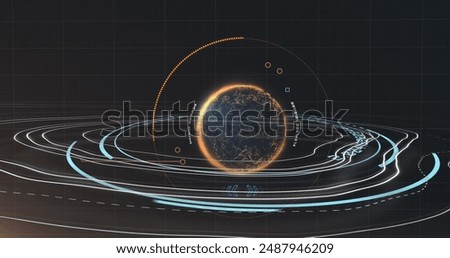 Image of rotating circles over data processing in green and black space. Global communication image game and digital interface background concept digitally generated image.
