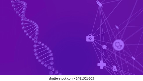 Image of rotating dna helix and connected dots forming globe over abstract background. Digitally generated, hologram, illustration, molecule, globalization, communication, medical and technology.