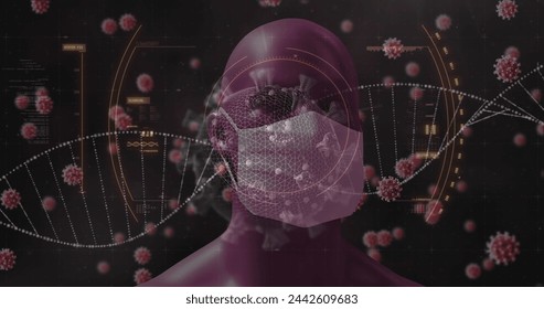 Image of rotating DNA strand, data processing and Covid 19 cells spreading over model of human head wearing face mask. Global coronavirus pandemic concept digitally generated image. - Powered by Shutterstock