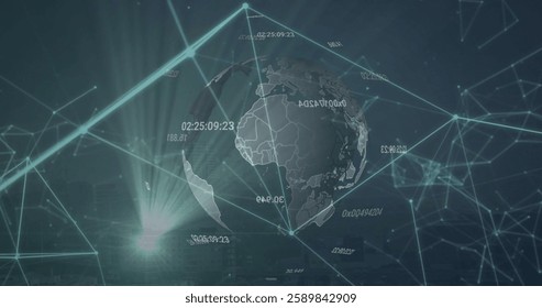 Image of rotating globe and communication networks on dark background. Data, connection, digital interface and global communication, digitally generated image. - Powered by Shutterstock - Get 15% off with code: PIKWIZARD15