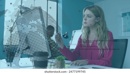 Image of rotating globe and computer language over caucasian woman analyzing reports. Digital composite, multiple exposure, globalization, coding, programming language and technology concept. - Powered by Shutterstock - Get 15% off with code: PIKWIZARD15