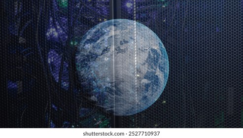 Image of rotating globe over illuminated back panel of server rack in server room. Digital composite, multiple exposure, globalization, data center, networking, technology and network server.