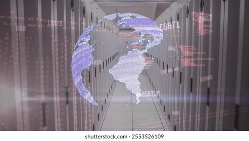 Image of rotating globe and processing data over server room. Network, data, digital interface and global communication, digitally generated image.