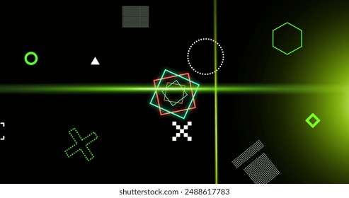 Image of rotating green and red squares, shapes and green scanner beams on black background. Connection, data, ai, processing, digital interface and communication, digitally generated image.