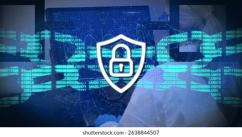 Image of rotating over network of connections and data processing on icons on black. Global internet security digital interface technology and connections concept digitally generated image.