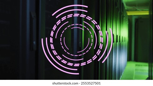 Image of rotating pink circular scanner processing over dark server room. Connection, data, processing, digital interface and communication, digitally generated image.