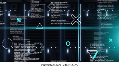 Image of rotating shapes and blue scanner beams over data processing on black background. Connection, data, processing, digital interface and communication, digitally generated image.