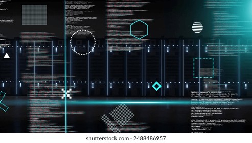 Image of rotating shapes and blue scanner beams over data processing on black background. Connection, data, processing, digital interface and communication, digitally generated image.