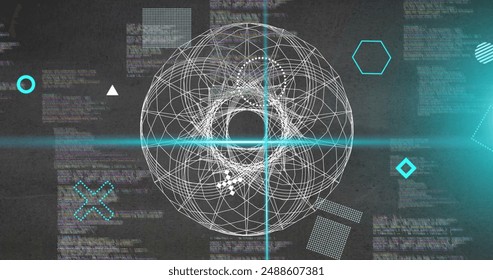 Image of rotating shapes and blue scanner beams over 3d network and data processing on grey. Connection, data, ai, processing, digital interface and communication, digitally generated image.