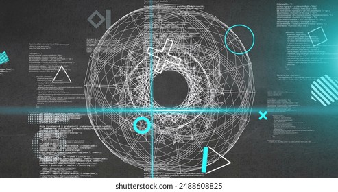 Image of rotating shapes and blue scanner beams over 3d network and data processing on grey. Connection, data, ai, processing, digital interface and communication, digitally generated image.