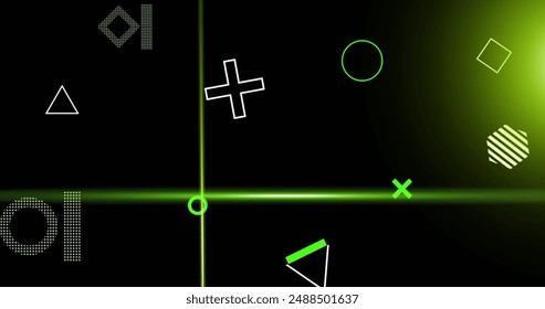 Image of rotating shapes and green scanner beams on dark background. Connection, data, processing, business, digital interface and communication, digitally generated image.