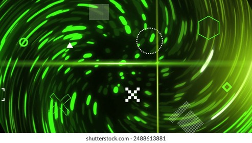 Image of rotating shapes and green scanner beams over swirling green lights on black background. Connection, data, processing, digital interface and communication, digitally generated image.