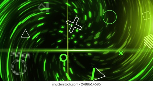 Image of rotating shapes and green scanner beams over swirling green lights on black background. Connection, data, processing, digital interface and communication, digitally generated image.