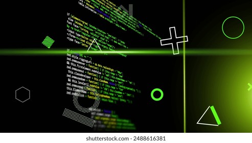 Image of rotating shapes and green scanner beams over data processing on black background. Connection, data, processing, digital interface and communication, digitally generated image.