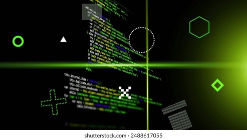 Image of rotating shapes and green scanner beams over data processing on black background. Connection, data, processing, digital interface and communication, digitally generated image.